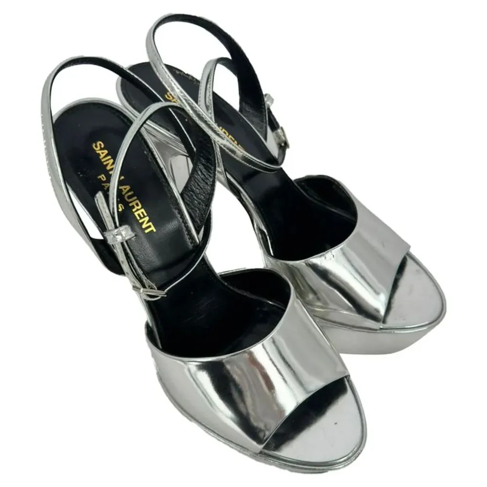 Saint Laurent Jodie Platform Sandals in Metallic Silver Patent Leather